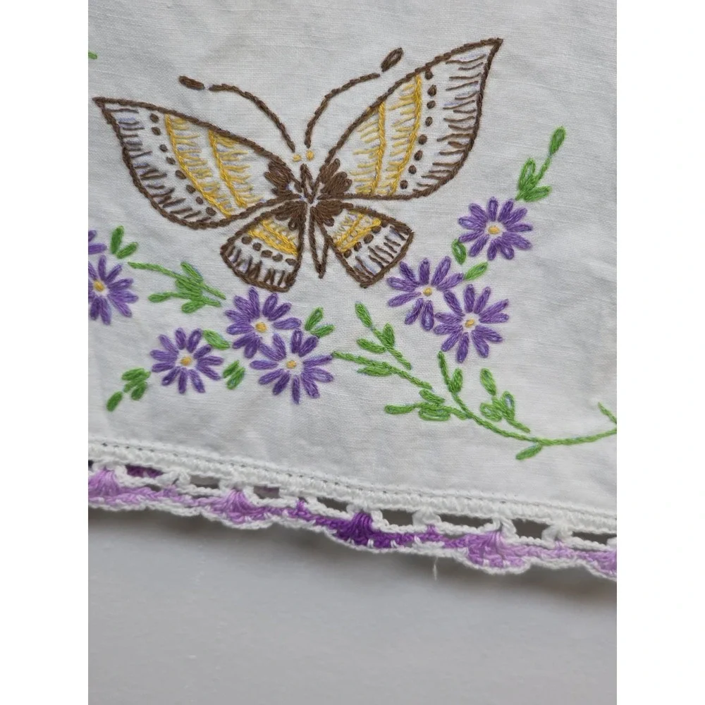 Vintage Handmade Set of 2 Cross Stitch Pillow Cases White Floral Butterfly